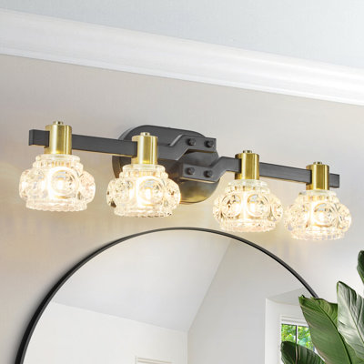 4 - Applique murale avec abat-jour en cristal transparent, noir mat et doré, éclairage de salle de bain rétro, économie d'énergie lumineuse, 4 lumières de style rétro faciles à installer, fer, couloir, installation
