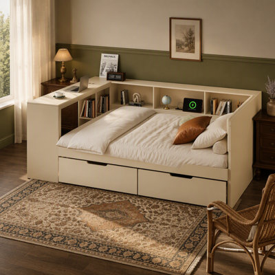 Lit plateforme en bois pleine grandeur avec tablettes de rangement, tiroirs, station de charge et tête de lit tapissier, crème