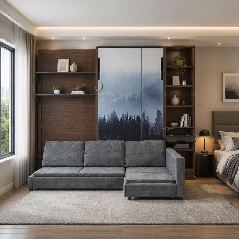 Lit escamotable avec armoire de rangement, étagères ouvertes et port USB, façade de canapé large, panneau imprimé paysage de montagne, lit mural gain de place pour chambre à coucher