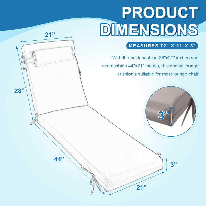 2ps 3-inch Thick Outdoor Lounge Chair Cushion-waterproof And Colorfast, Suitable For Most 72-inch Pool Balcony Chairs., 72" W