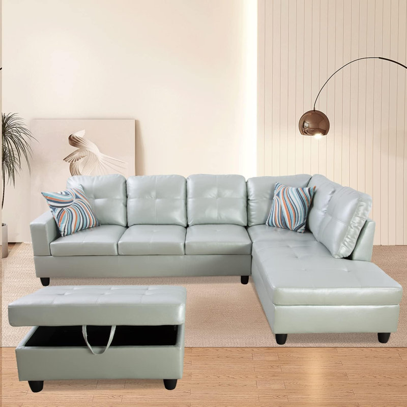 3 - Piece Semi Pu Synthetic Leather Sectional,  Silver Green Faux Leather