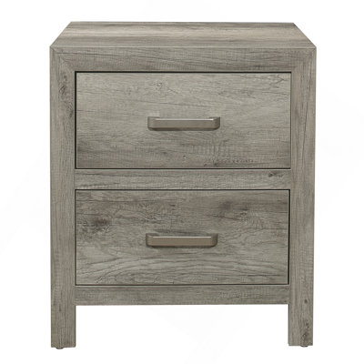 Transitional Aesthetic Bedroom Nightstand Faux Wood Veneer Weathered Gray Finish Nickel Hardware Bed Side Table