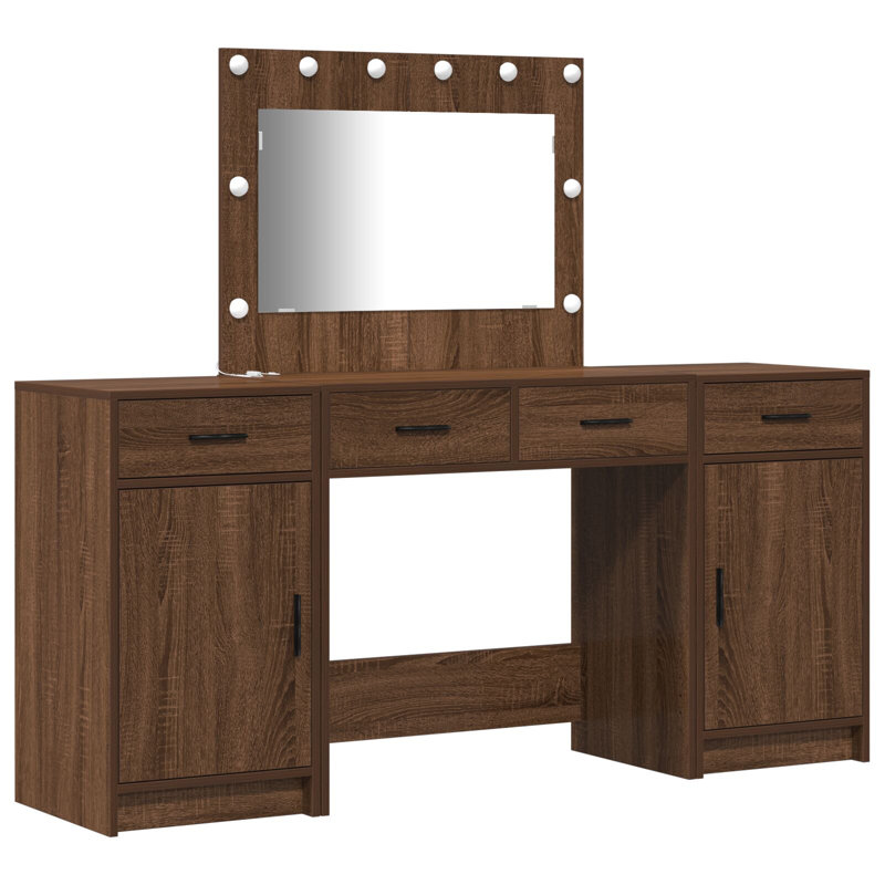 Dressing Table with Mirror and Storage Included, Brown Oak