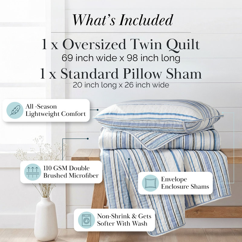 Ensemble de courtepointe réversible Coastal Stripes Collection, Bleu, Courtepointe pour lit simple + 1 taie décorative