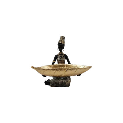 African Woman Figurine With Golden Tray