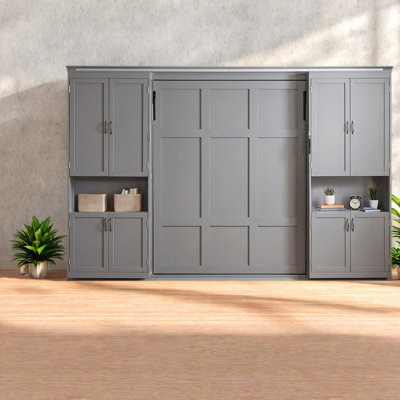 Lit escamotable Queen avec rangement, bois MDF et métal, gris moderne pour bureau à domicile