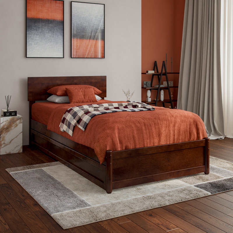 Lit plateforme en bois massif avec lit gigogne Lamecia, Noyer, Simple TG