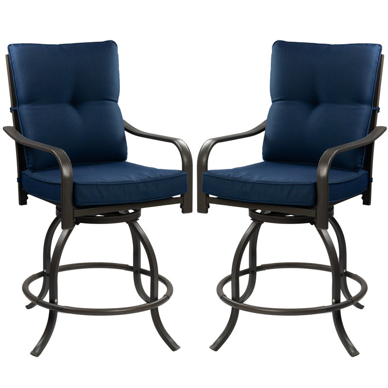 Ensemble de 2 chaises de bar pivotantes pour l'extérieur Kozyard Isabella, ensemble de 2 tabourets de patio à hauteur de comptoir avec sièges rembourrés, chaises de bistro en métal toutes saisons pour les repas dans la cour (bleu marine, avec coussin)