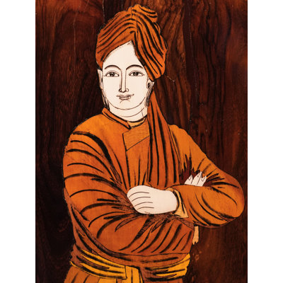 Beau portrait de 19 po de Swami Vivekanand - panneau de bois de rose de couleur naturelle avec incrustation traditionnelle