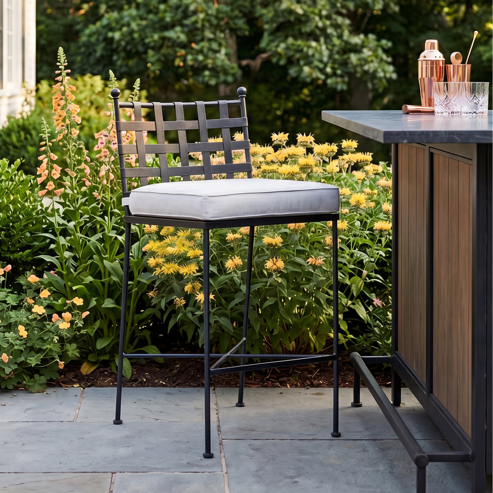 Lucier 44.02'' Wrought Iron Outdoor Bar Stool with Cushion, Canvas Flax Sunbrella® Canvas