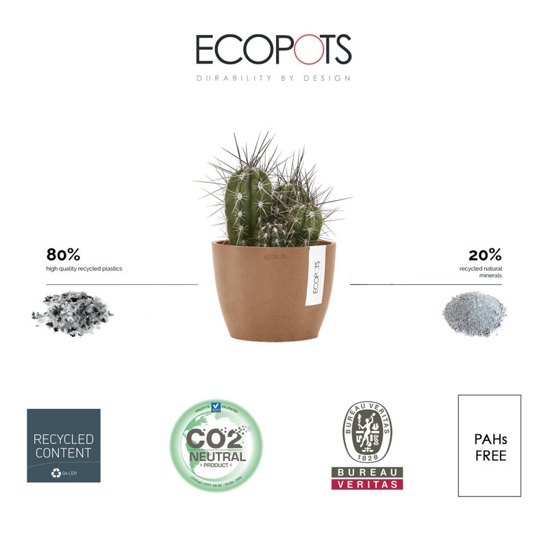 Ecopots Stockholm Indoor/Outdoor Modern Recycled Plastic Flower Pot Planter, Terracotta, 5" H x 6" W x 6" D