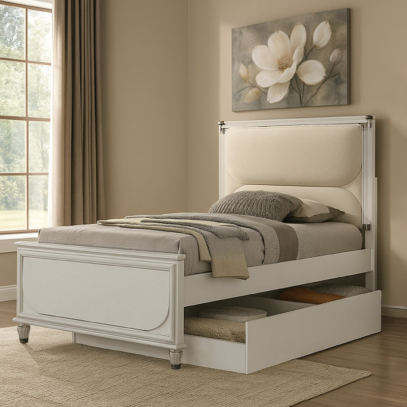 Dima Full Bed, Upholstered Headboard W LED, Pearl White, Clear Legs, Full