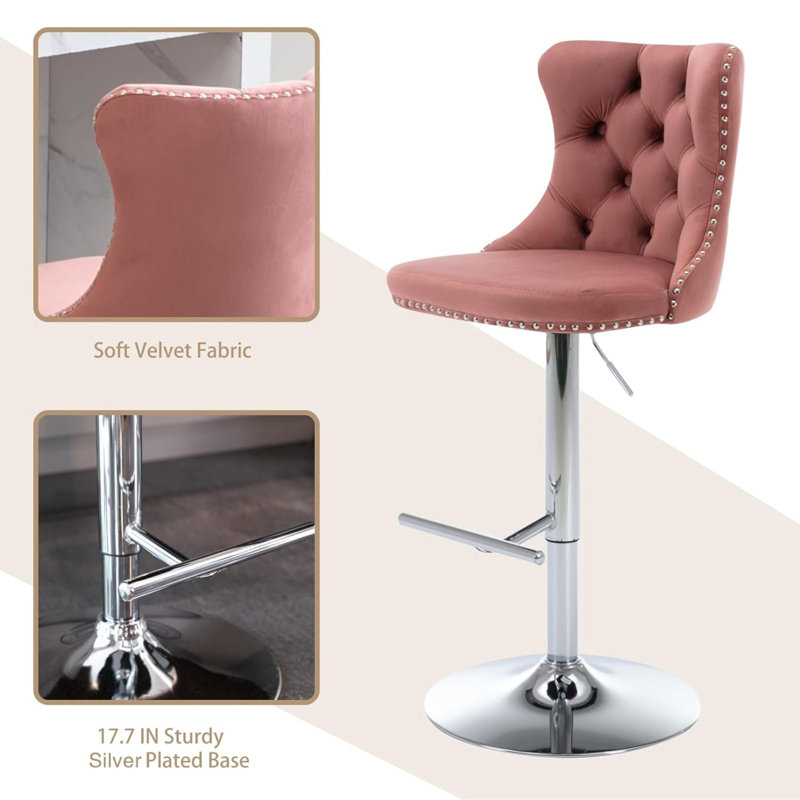 Tabouret de bar pivotant à hauteur réglable Zager, Argent, Rose, 4