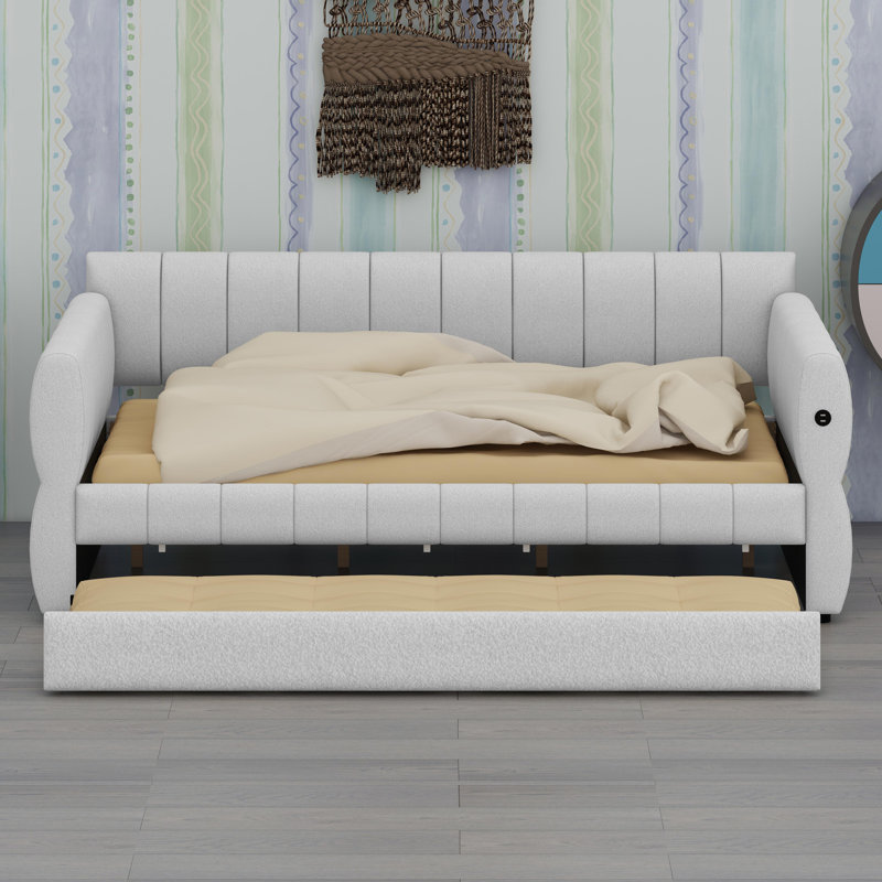 Modern Upholstered Bed Featuring Built-In USB And Hidden Trundle, White