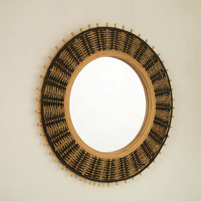 Bamboo Round Art Wall Mirror with Light Yellow and Black Hemp Ropes