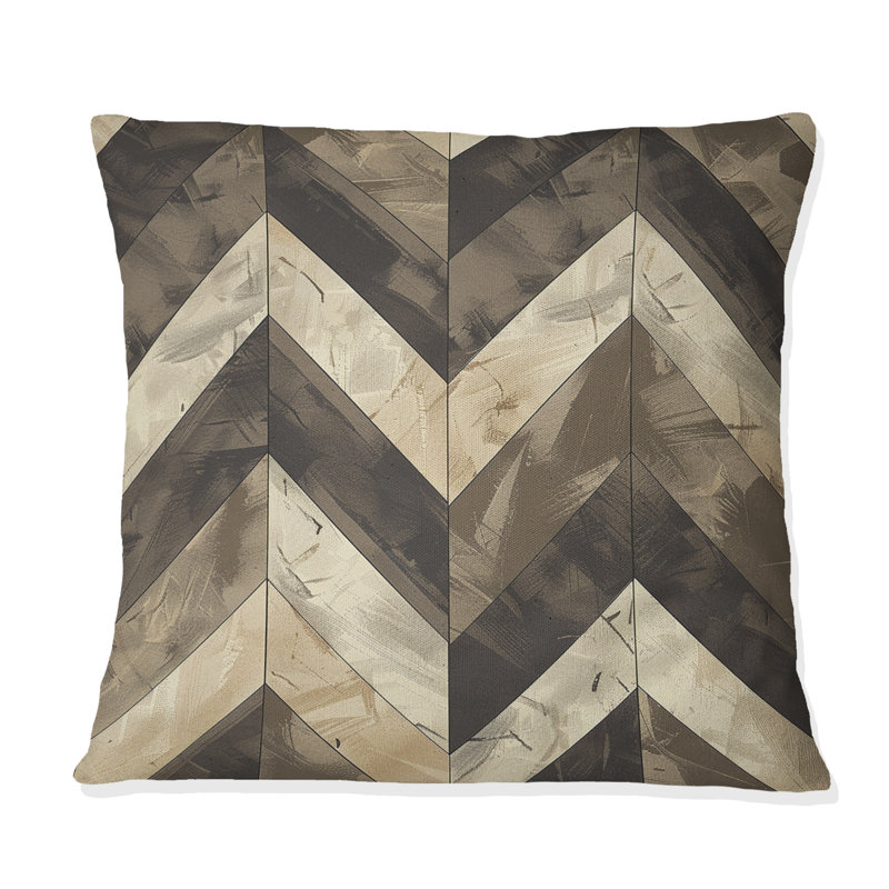 Carreaux à chevrons brun et gris - Coussin décoratif moderne, H 16 po x l 16 po