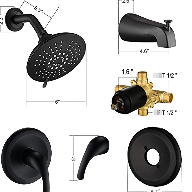 Shower Tub Spout And Valve In Matte Black - 5 Functions & Wall Mounted System With