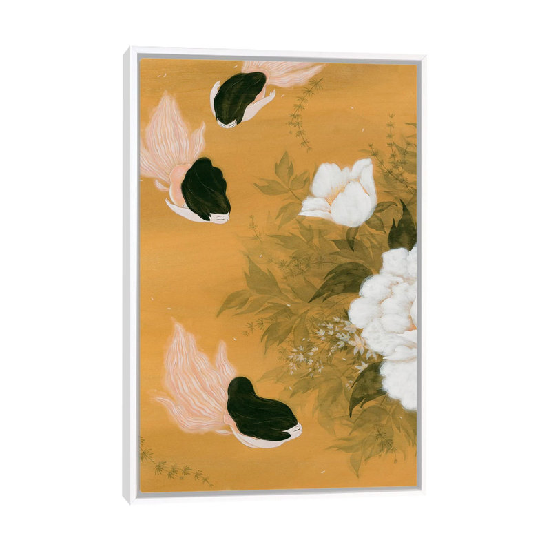 Goldfish Mermaid - Peony and Ballerinas I 1 Piece Painting on Canvas, 66.04 cm H x 45.72 cm W, White Framed