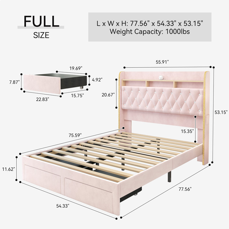 Galaxy Aurora Bed Frame with 2 Storage Drawers and Diamond Tufted Upholstered Storage Headboard, Full, Pink