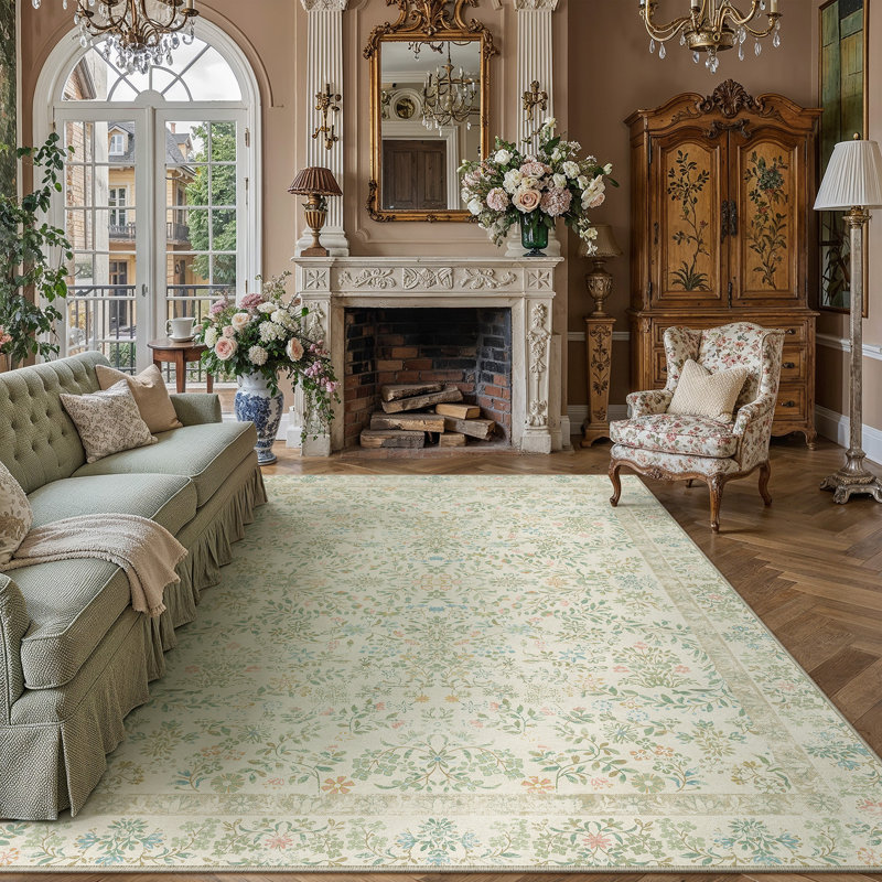 Tapis lavable à motif floral moderne Griffin avec envers antidérapant, Sage/Beige, Rectangle 9' x 12'