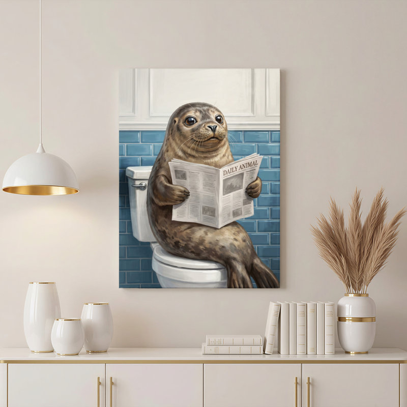 Ensemble de 1 tableau sur toile représentant un phoque lisant un journal, H 18 po x l 12 po