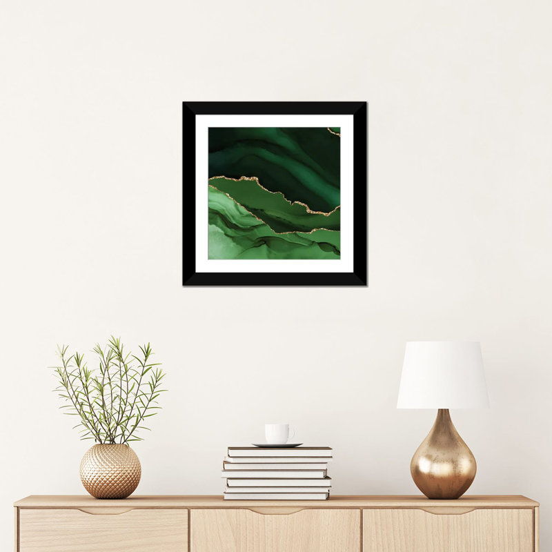 Green Gold Agate Texture XII, White, 16" H x 16" W x 1" D, Black Open Corner Framed Paper
