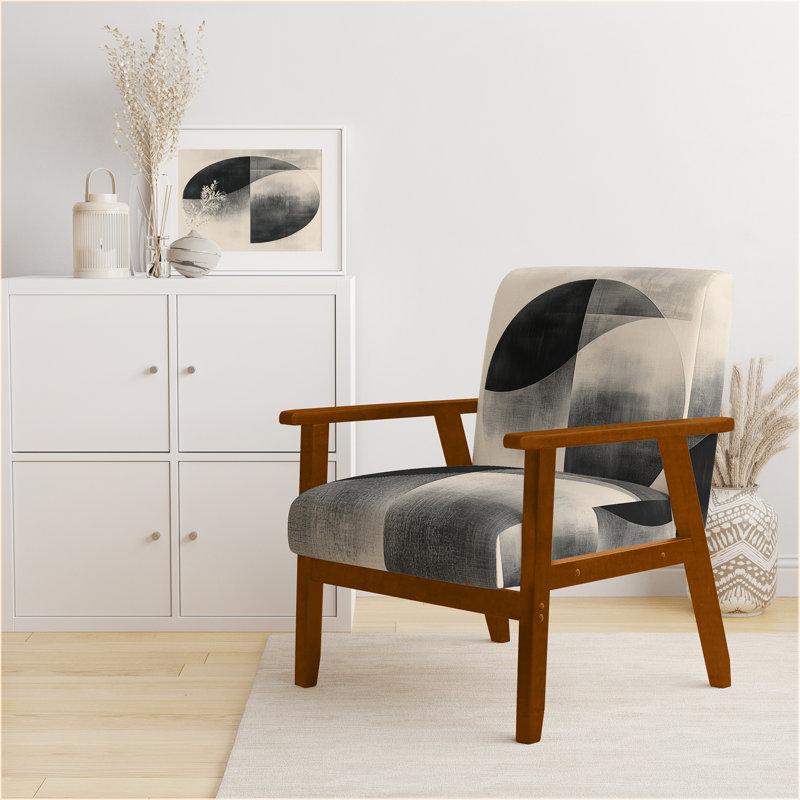 Chaise rembourrée Abstract Shapes - fauteuil géométrique noir et blanc Minimal Curves IV, Brown Square Arms