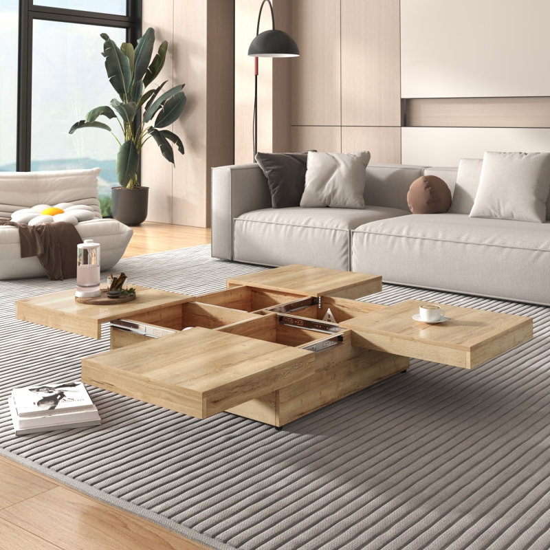 Table basse carrée en placage avec plateau coulissant en grain de bois naturel 39,4 po, Naturel