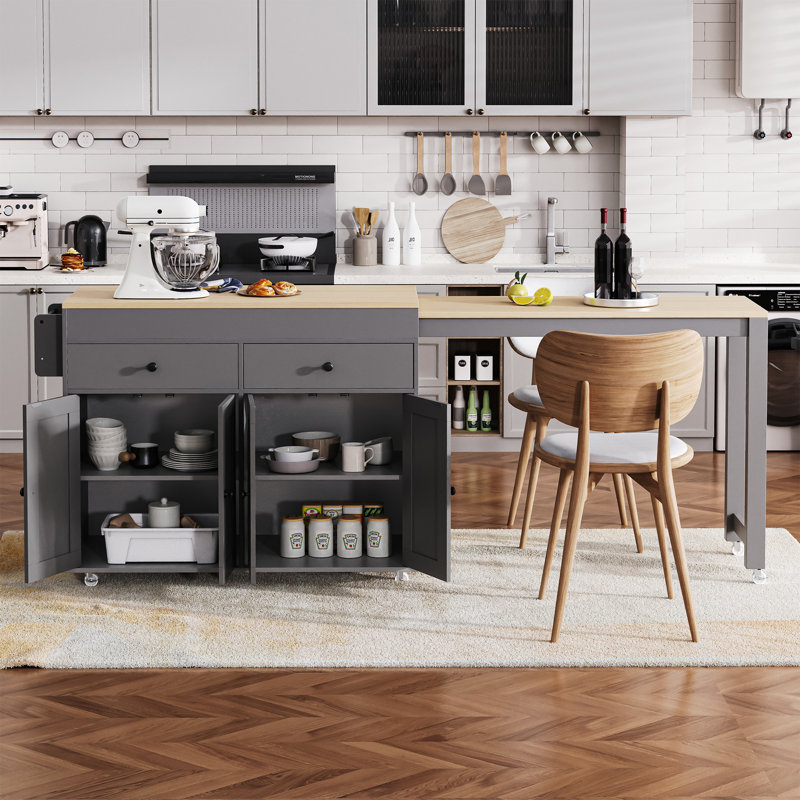Transitional Kitchen Island With Extendable Dining Table For 2-4 People, Rolling Kitchen Island Table With Storage Cabinet And Drawers