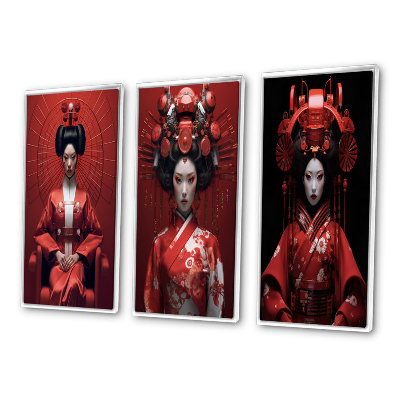 «Futuristic Japanese Geisha II», 3 pièces sur toile, Cadre flottant blanc, H 40 po x l 60 po