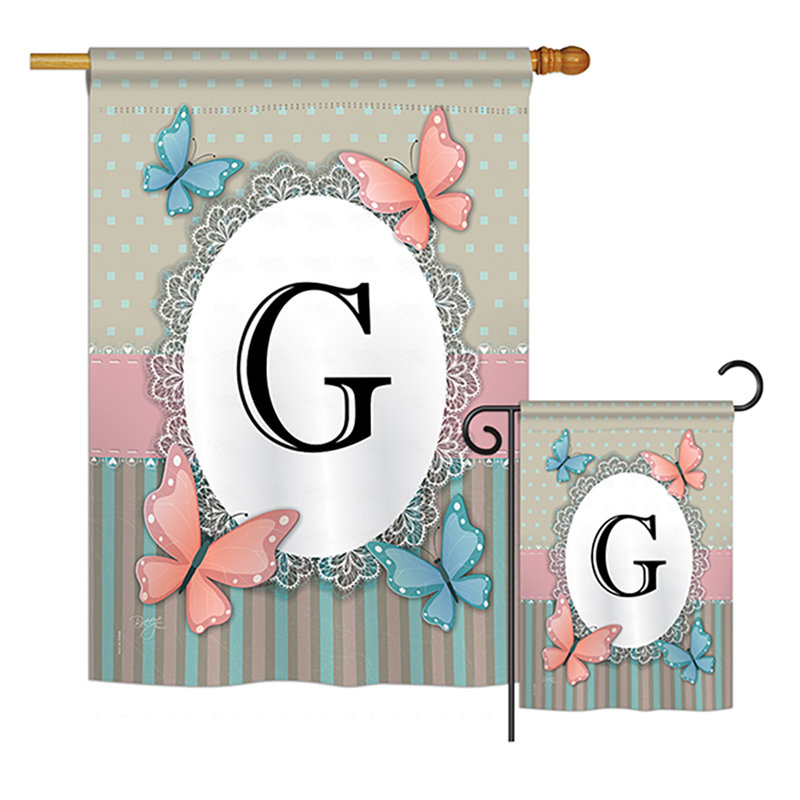 « papillons a initials », drapeau de jardin initial et grenouilles, ensemble de 2 côtés en polyester vertical décoratif, G