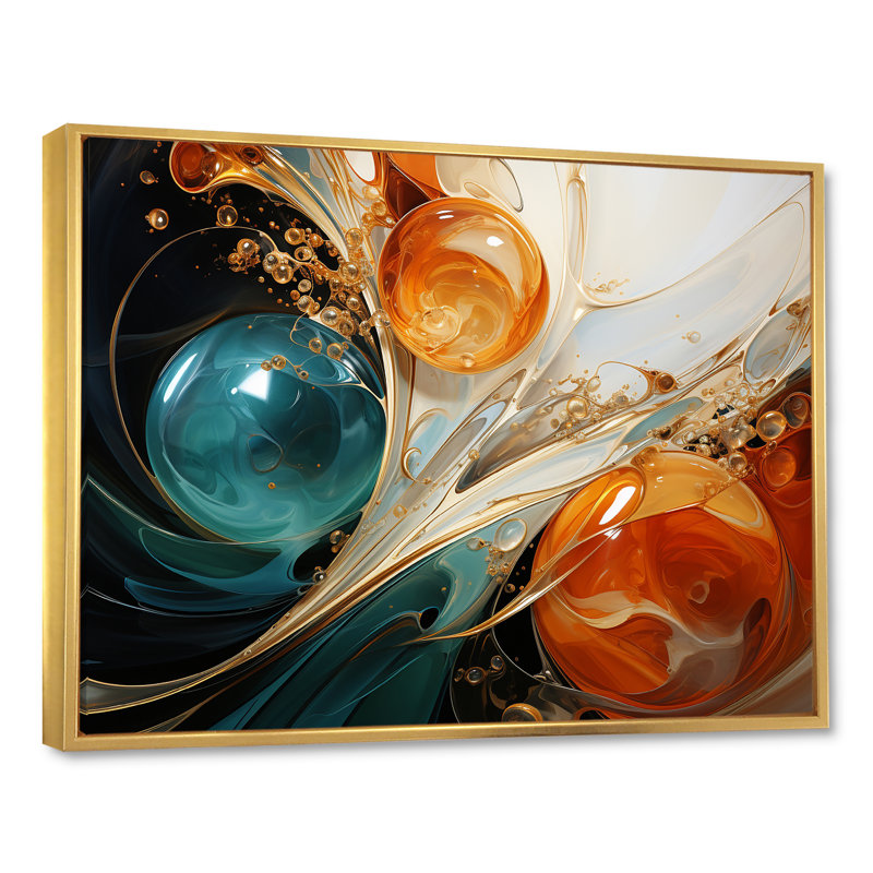 Tempête blanche blanche, bleue et orange - Peinture abstraite, art mural, Cadre flottant doré, H 30 po x l 40 po x P 1,5 po