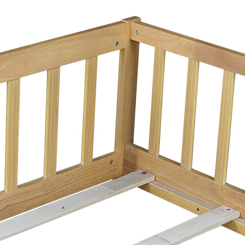 Kids Twin Soild Wood Platform Floor Bed With Safety Guardrails For Bedrooms, Natural