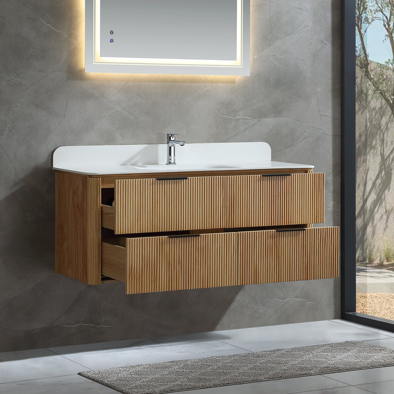 Meuble-lavabo mural flottant avec plateau en acrylique, Chêne, 48"