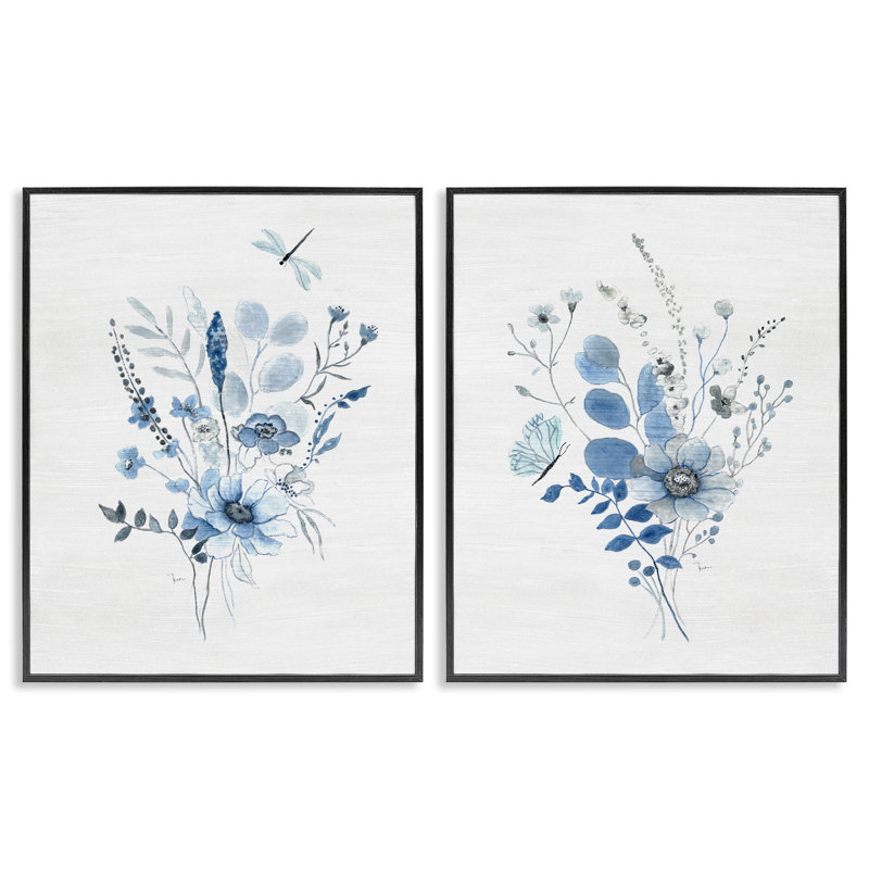 «Blue Dragonfly Flower», ensemble de 2 giclées encadrées par Janet Tava, H 30 po x l 24 po, Giclée encadrée noir minuit