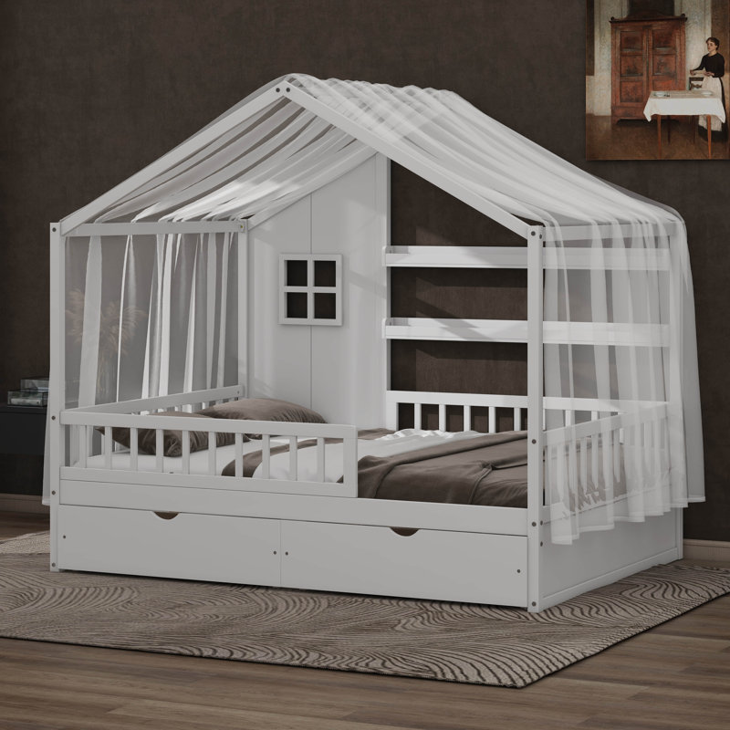 Cadre de lit maison avec toit à baldaquin et rideaux, 2 tiroirs de rangement, 2 rangées de tablettes de rangement, barrières de sécurité, lit en bois