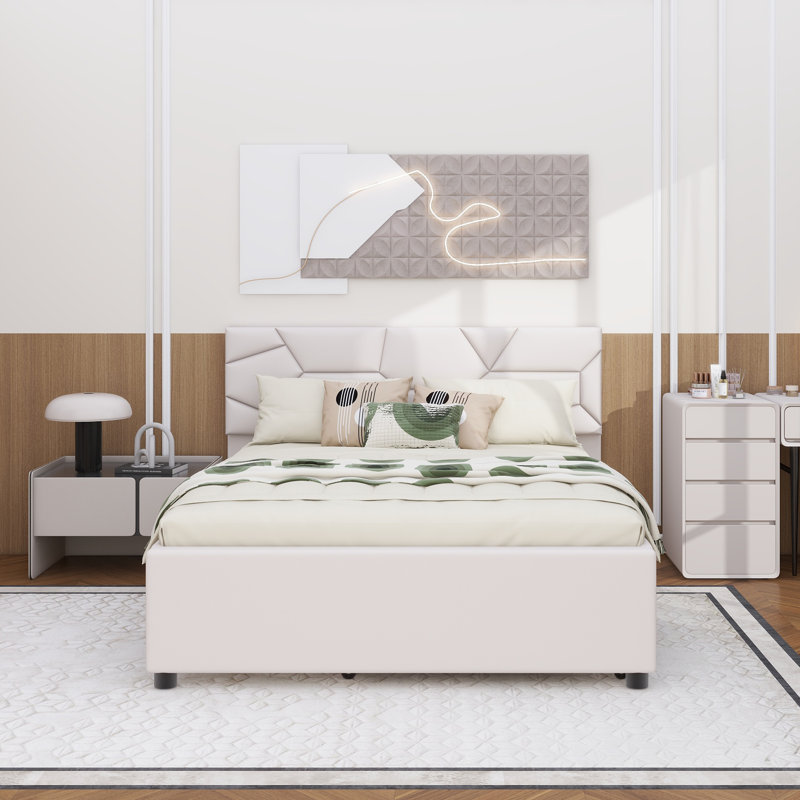 Lit plateforme tapissier avec tête de lit à motif brique et gigogne simple, tissu en lin, Grand lit, Beige