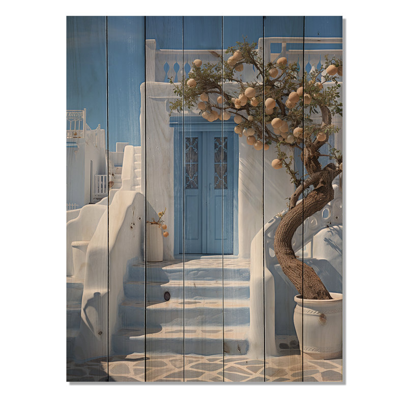 Grèce Cycladic Harmony I - impression de paysages urbains sur bois de pin naturel, H 32 po x l 24 po x P 0,78 po