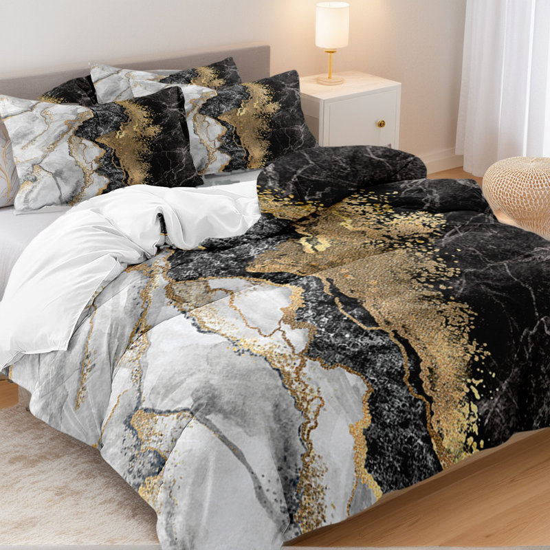 Ensemble de housse de couette en microfibre à imprimé numérique noir et blanc à motif abstrait Orylavena, FULL, Noir et or