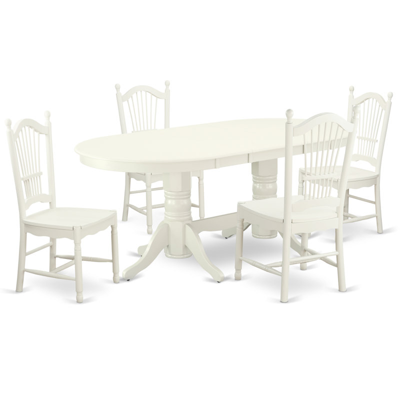 Ensemble de salle à manger 5 pièces comprenant une table de salle à manger ovale avec rallonge papillon et 4 chaises en bois, lin blanc