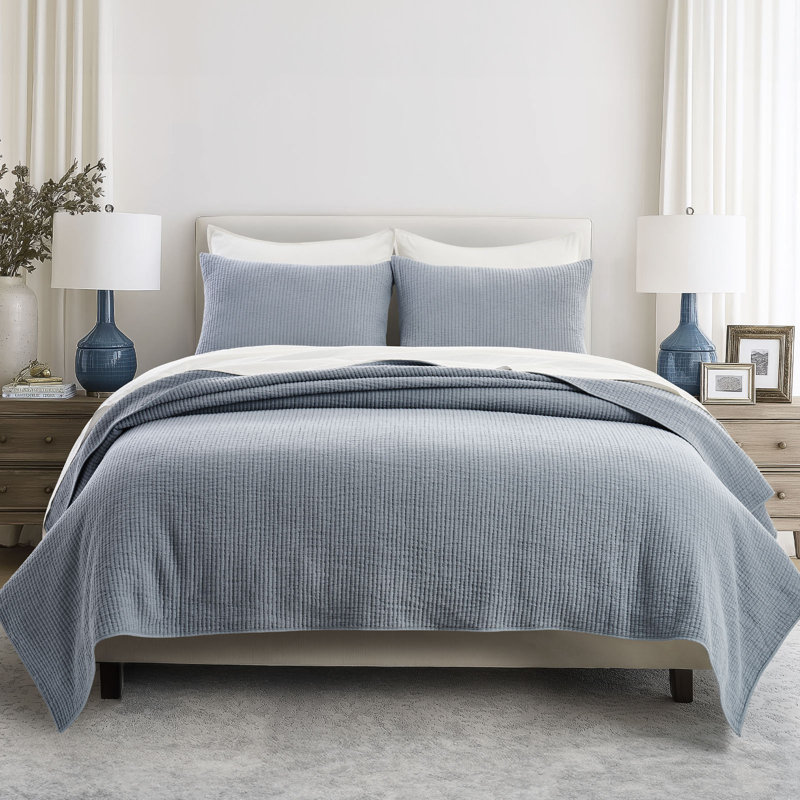 Ensemble de couvre-lit en coton côtelé matelassé, Courtepointe pour lit grand + deux taies décorati, Lin bleu
