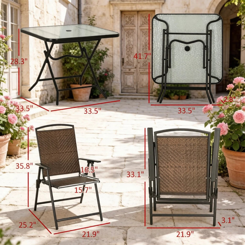 Ensembles de salle à manger de patio pliables, salle à manger de jardin moderne en rotin compacte en acier