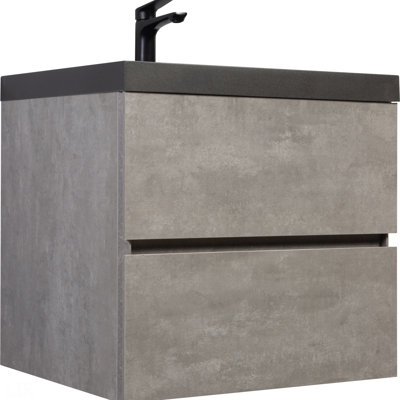 Meuble-lavabo flottant 24 po avec lavabo, meuble-lavabo mural moderne avec lavabo à quartz noir et tiroirs à fermeture en douceur, ciment de la série EDI, meuble-lavabo