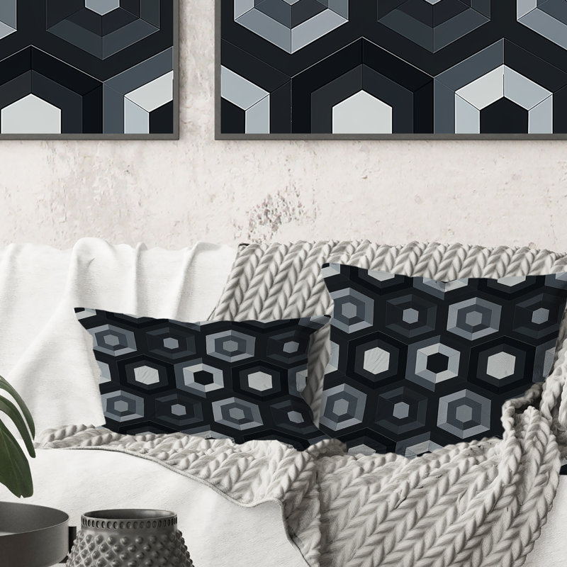 Coussin noir et blanc Hexagon III - Mid-Century