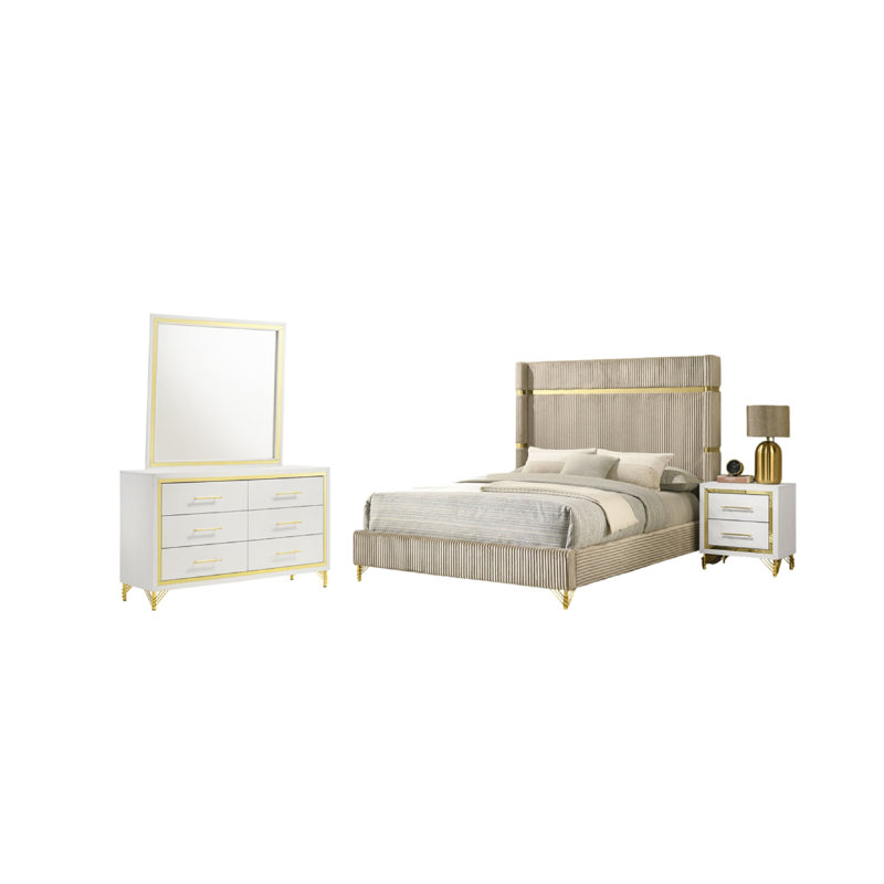 Ensemble de chambre à coucher 4 pièces Jenny, Grand lit, Blanc / Beige / Or