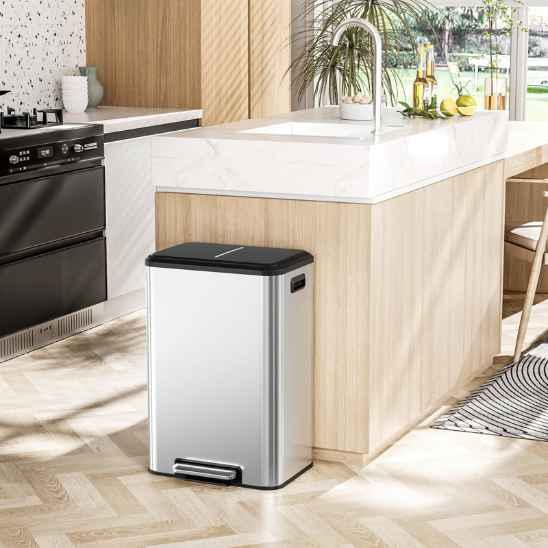 Stainless Steel Step On Multi-Compartment Rubbish & Recycling Bin - 40L, Silver