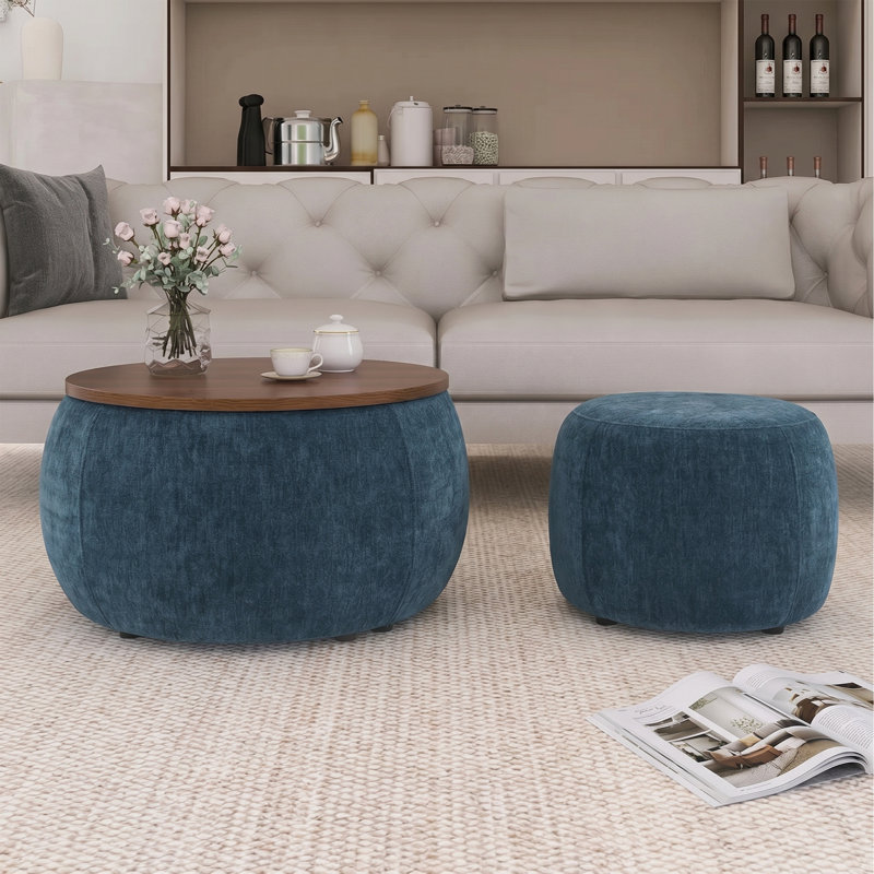 Table de bout ronde avec petit siège de rangement, Bleu, Brun