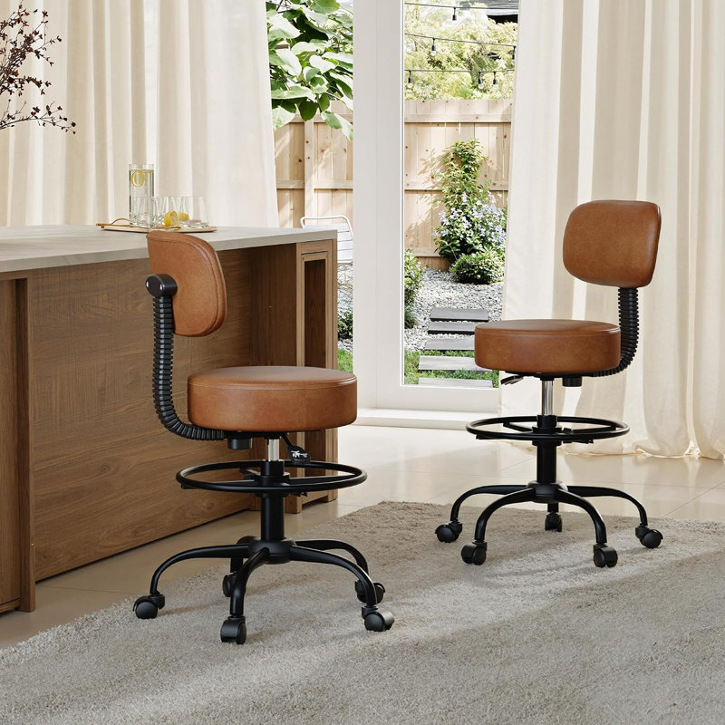 Adjustable Drafting Chair with Back Support Rolling Swivel Stool, Brown, 2
