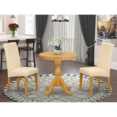 3 Piece Kitchen Set Contains a Round Dining Table and 2 Light Beige Linen Fabric Upholstered Chairs, Oak