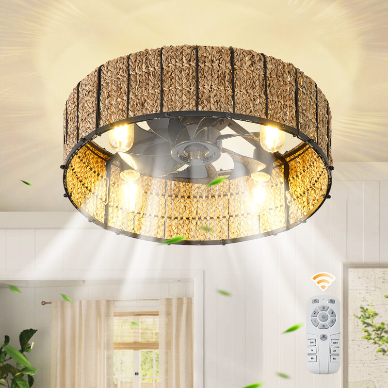 Chatrin 20" Handwoven Boho Rattan Caged Reversible Ceiling Fan With Light Kit And Remote Control
